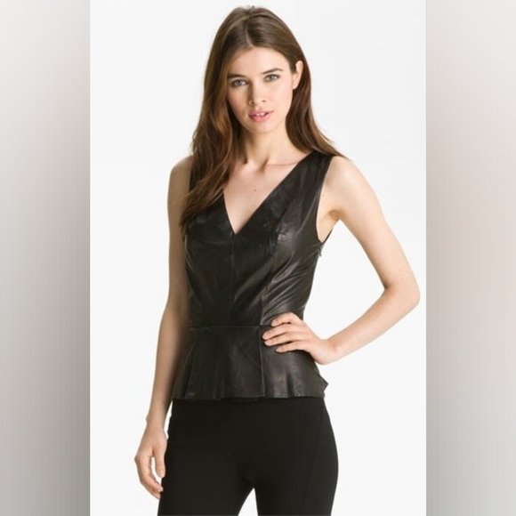 Robert Rodriguez Black V-Neck Leather Sleeveless Peplum Top Mesh Back Size 8 - Picture 8 of 9